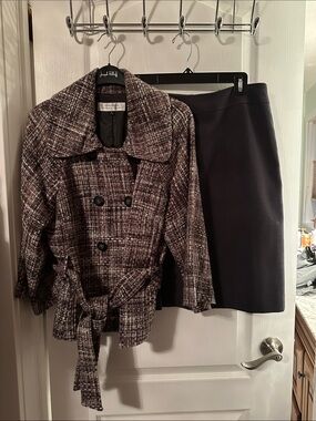 Tahari ASL Brown and Black Tweed Peacoat with charcoal grey skirt!